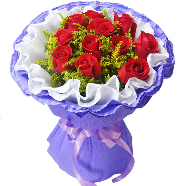 11朵红玫瑰，搭配黄莺，圆形包装